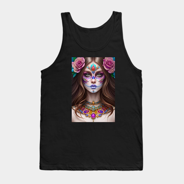 Beautiful Woman in Sugar Skull Makeup Art Tank Top by ImaginativeInkPOD